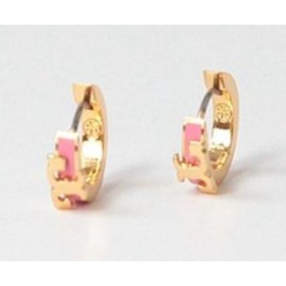 TORY BURCH SERIF T PINK ENAMEL HUGGIE HOOP EARRINGS - Picture 2 of 6